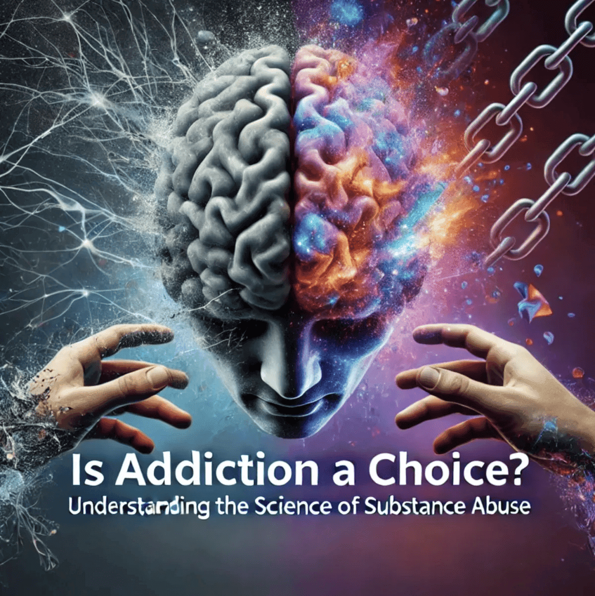A split-brain artwork illustrating addiction, with the text: "Is Addiction a Choice? Understanding the Science of Substance Abuse."