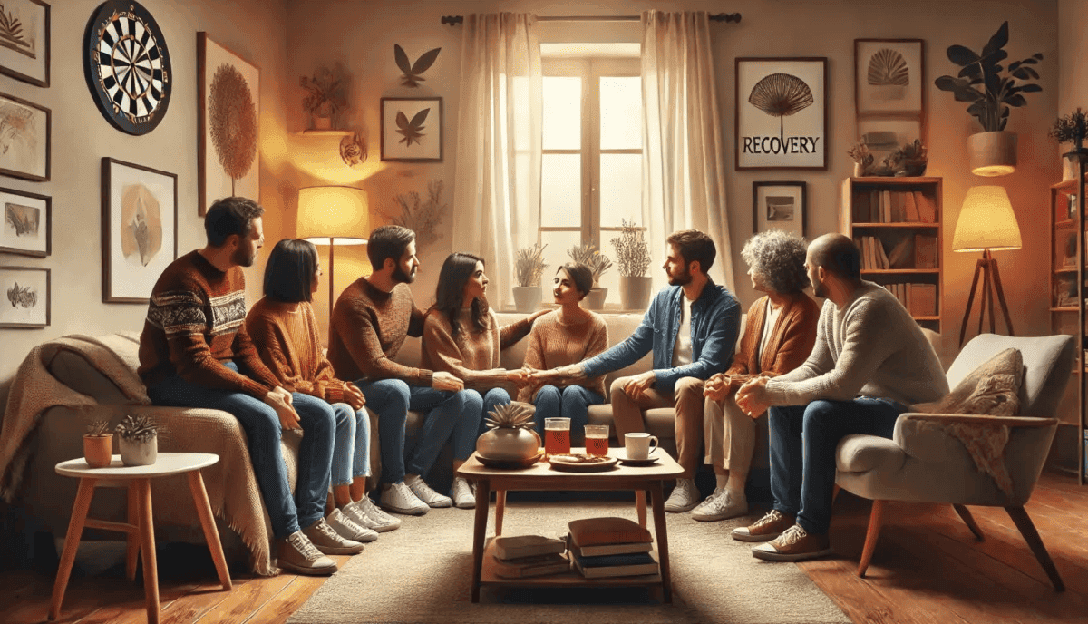 A group of people sitting in a cozy room, symbolizing support and recovery, with warm lighting and decor.