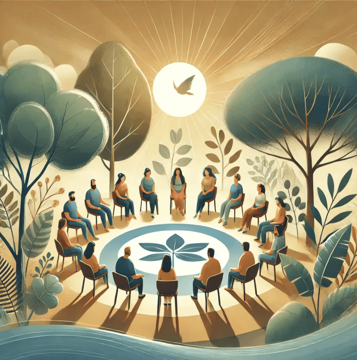 A group of people in a circle surrounded by nature, symbolizing community support, with a dove in the background.
