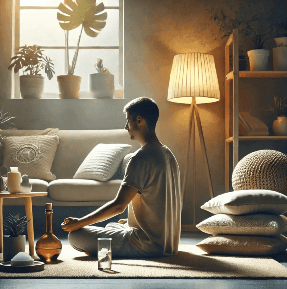 A person meditates in a serene indoor space, illuminated by soft sunlight. Surrounded by plants, cushions, and cozy decor, the atmosphere is tranquil.