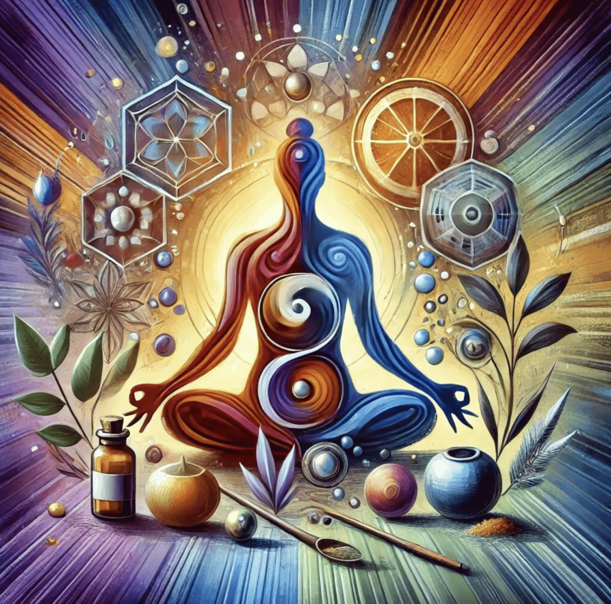 A colorful depiction of a meditative figure surrounded by geometric patterns and natural elements, symbolizing balance and holistic wellness.