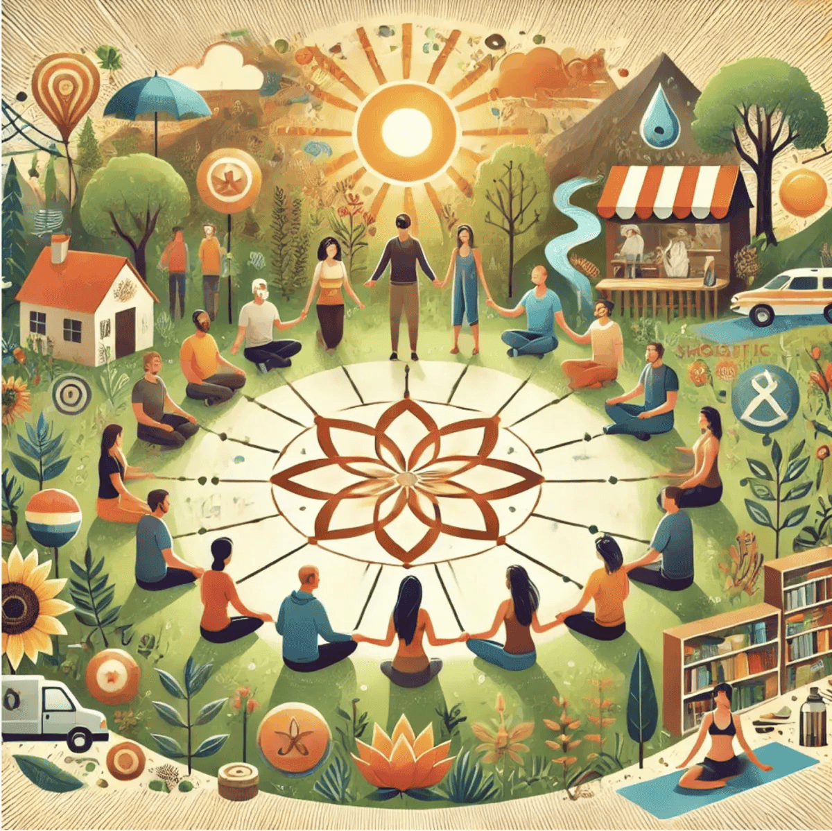 A vibrant illustration of people holding hands in a circle, surrounded by nature and symbols of wellness, representing community and harmony.